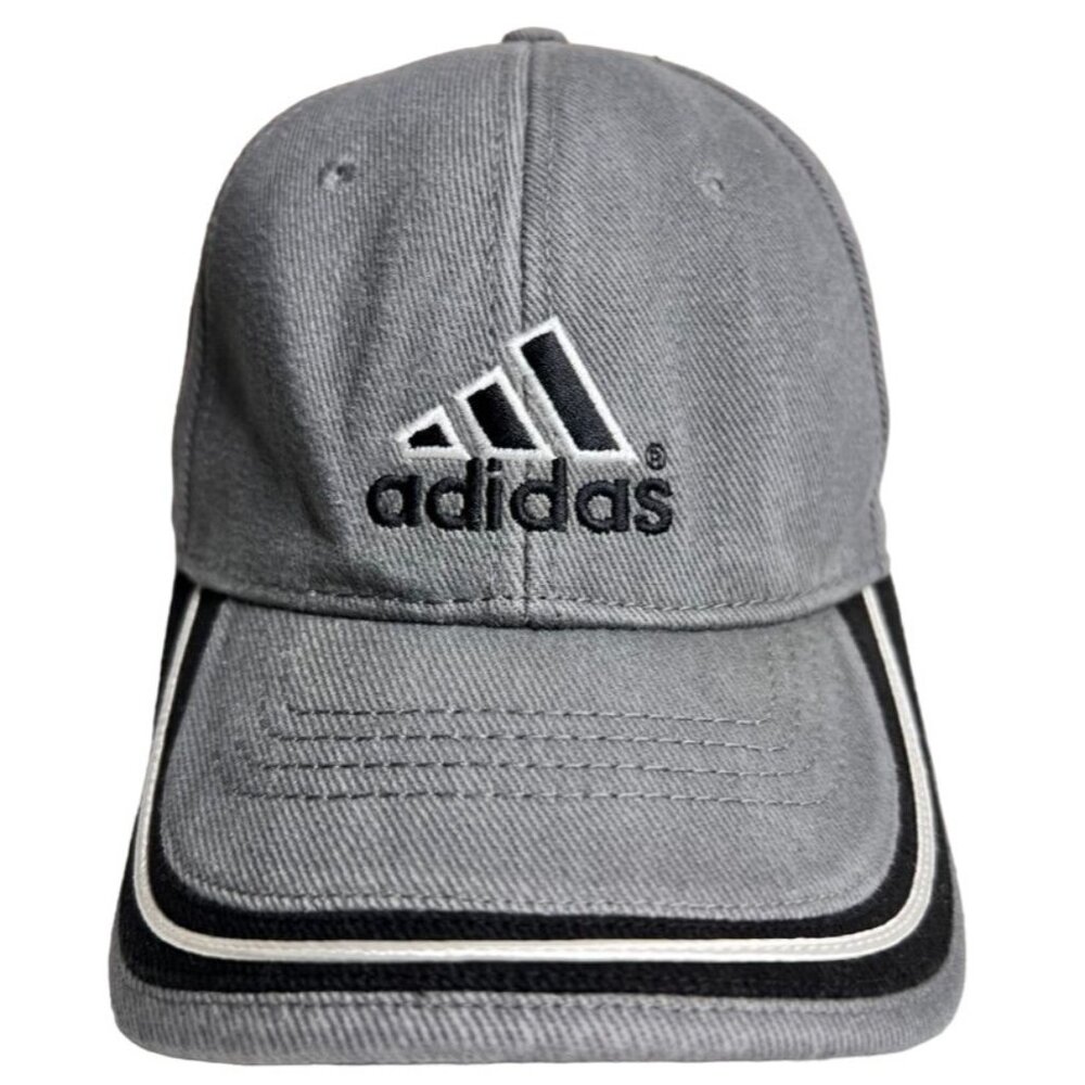 Adidas Gray Denim Adjustable Baseball Cap With Black & White Stripes